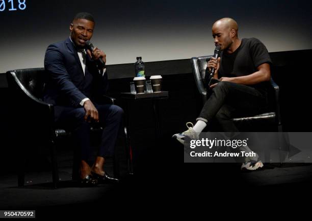 Jamie Fox and Jacques Morel speak at Storytellers: Jamie Fox during the 2018 Tribeca Film Festival at BMCC Tribeca PAC on April 23, 2018 in New York...