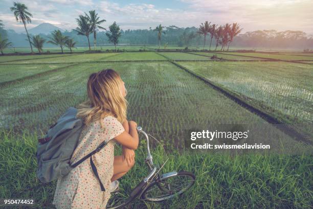 mujer joven en bicicleta se detiene a admirar los campos de arroz, indonesia - java indonesia fotografías e imágenes de stock