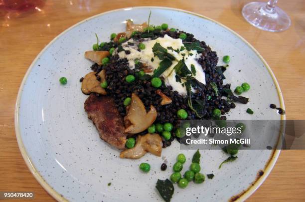 scotch fillet steak with black barley, porcini mushrooms, peas, parmesan sauce and fried sage - barley stock pictures, royalty-free photos & images