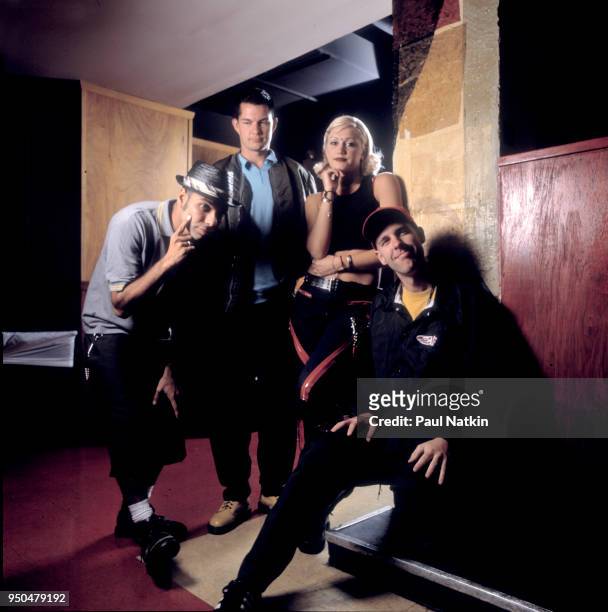Portrait of the band No Doubt, left to right, Tony Kanal, Adrian Young, Gwen Stefani, and Tom Dumont, at the Metro in Chicago, Illinois, June 9, 1996.