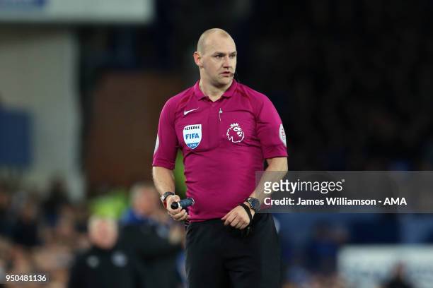 Match referee Bobby Madley during the Premier League match between Everton and Newcastle United at Goodison Park on April 23, 2018 in Liverpool,...