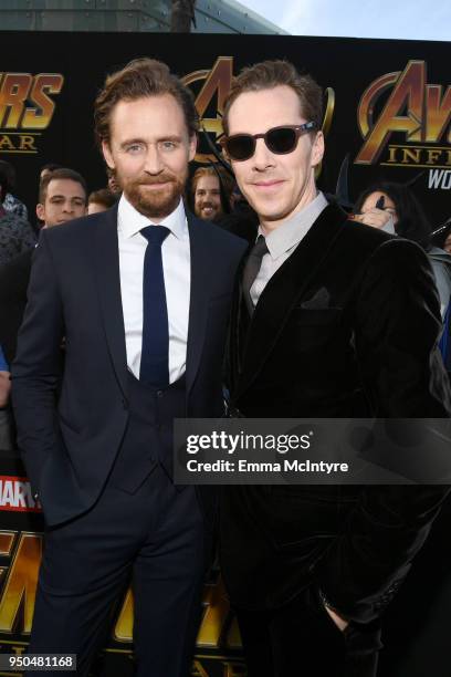Tom Hiddleston and Benedict Cumberbatch attend the premiere of Disney and Marvel's 'Avengers: Infinity War' on April 23, 2018 in Los Angeles,...