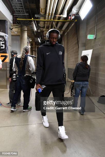 Jerami Grant of the Oklahoma City Thunder arrives at the arena before the game against against the Utah Jazz in Game Four of Round One of the 2018...