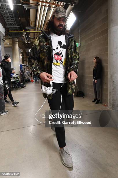 Steven Adams of the Oklahoma City Thunder arrives at the arena before the game against against the Utah Jazz in Game Four of Round One of the 2018...