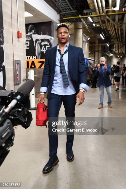 Russell Westbrook of the Oklahoma City Thunder arrives at the arena before the game against against the Utah Jazz in Game Four of Round One of the...