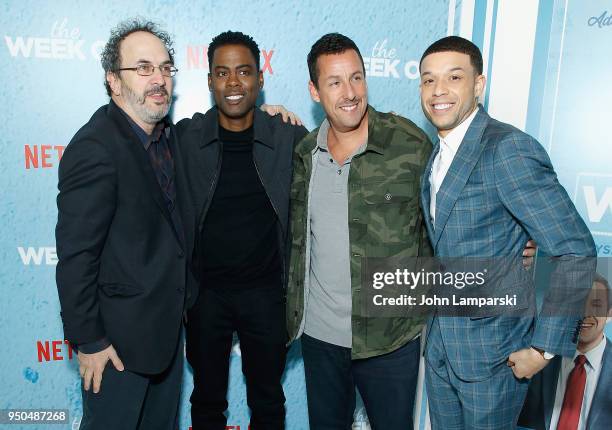 Robert Smigel, Chris Rock, Adam Sandler and Ronald Buck III attend "The Week Of" New York premiere at AMC Loews Lincoln Square on April 23, 2018 in...