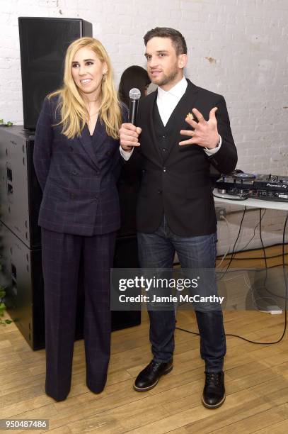 Actors Evan Jonigkeit and Zosia Mamet speak to guests during Refinery29's Tribeca Film Festival premiere party for 'Fabled' with Zosia Mamet and Evan...
