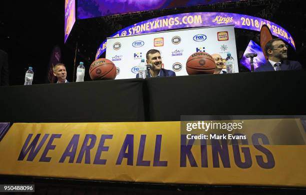 Andrew Bogut speaks during a media conference as he is unveiled as a Sydney Kings player at Qudos Bank Arena on April 24, 2018 in Sydney, Australia.