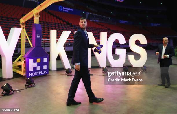 Andrew Bogut at a media conference as he is unveiled as a Sydney Kings player at Qudos Bank Arena on April 24, 2018 in Sydney, Australia.