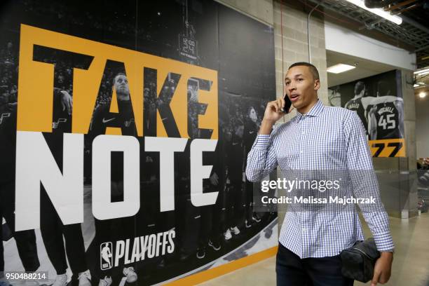 Dante Exum of the Utah Jazz arrives before the game against the Oklahoma City Thunder in Game Four of Round One of the 2018 NBA Playoffs on April 23,...