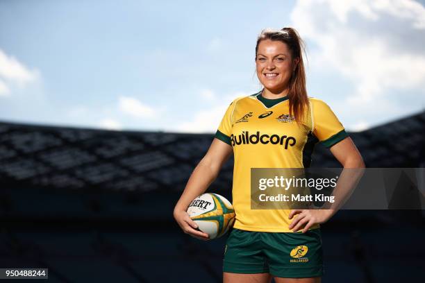 Grace Hamilton of the Wallaroos poses during a Rugby Australia media call at ANZ Stadium on April 24, 2018 in Sydney, Australia.