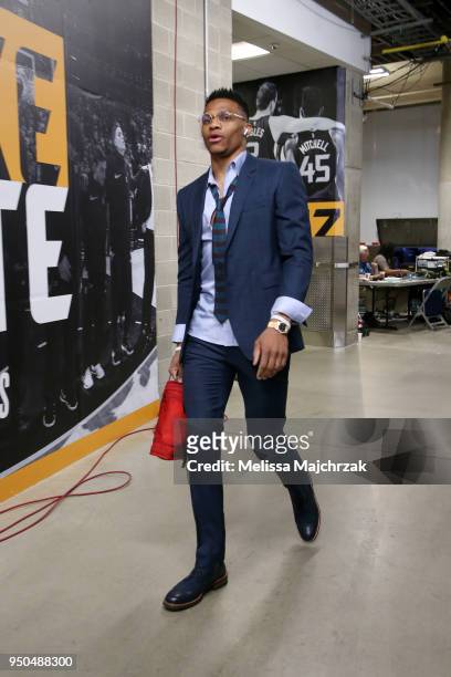 Russell Westbrook of the Oklahoma City Thunder arrives before the game against the Utah Jazz in Game Four of Round One of the 2018 NBA Playoffs on...