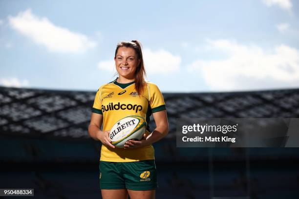 Grace Hamilton of the Wallaroos poses during a Rugby Australia media call at ANZ Stadium on April 24, 2018 in Sydney, Australia.