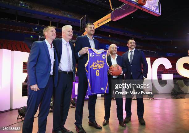 To R , Jeff Van Groningen, Kings Managing Director, Andrew Gaze, Kings Coach, Andrew Bogut, Larry Kestelman, NBL Owner and Jeremy Loeliger, NBL CEO,...