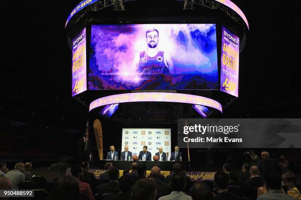 Andrew Bogut speaks during a media conference as he is unveiled as a Sydney Kings player at Qudos Bank Arena on April 24, 2018 in Sydney, Australia.