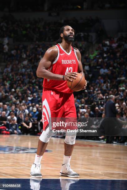 Nene Hilario of the Houston Rockets shoots a free throw against the Minnesota Timberwolves in Game Four of Round One of the 2018 NBA Playoffs on...