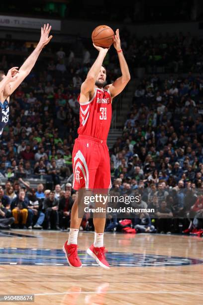 Ryan Anderson of the Houston Rockets shoots the ball against the Minnesota Timberwolves in Game Four of Round One of the 2018 NBA Playoffs on April...