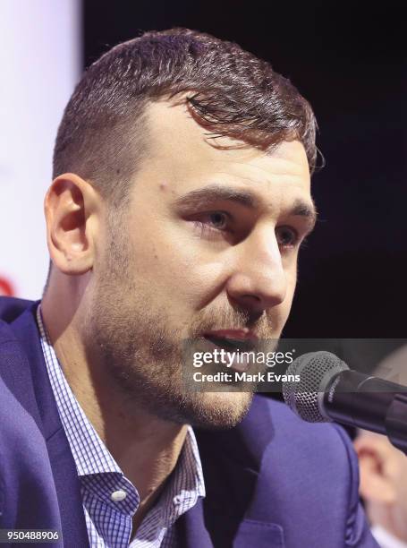 Andrew Bogut speaks during a media conference as he is unveiled as a Sydney Kings player at Qudos Bank Arena on April 24, 2018 in Sydney, Australia.