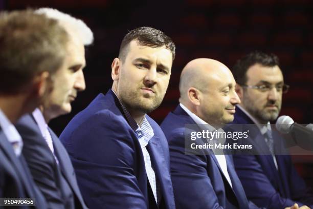 Andrew Bogut speaks during a media conference as he is unveiled as a Sydney Kings player at Qudos Bank Arena on April 24, 2018 in Sydney, Australia.