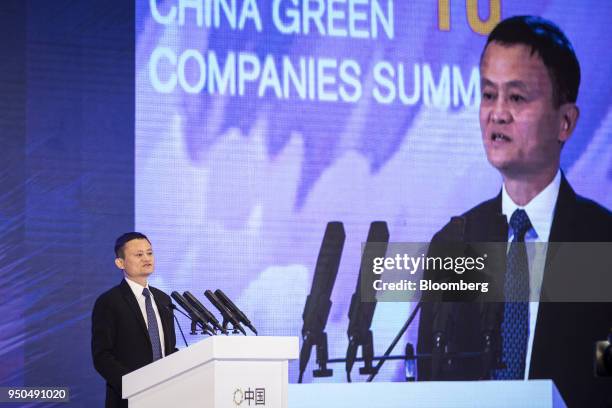 Jack Ma, chairman of Alibaba Group Holding Ltd., speaks during the China Green Companies Summit in Tianjin, China, on Monday, April 23, 2018. The...