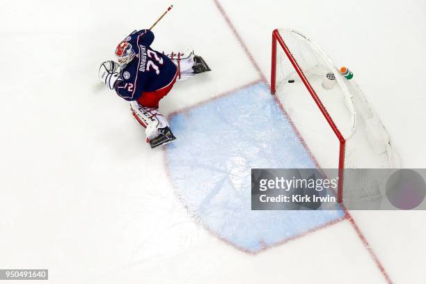 Sergei Bobrovsky of the Columbus Blue Jackets gets beat by a shot by Devante Smith-Pelly of the Washington Capitals during the third period in Game...