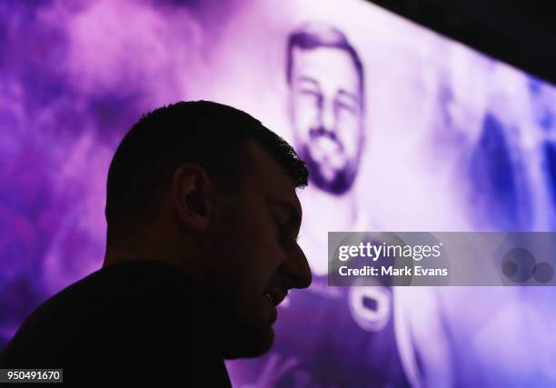 Andrew Bogut speaks during a media conference as he is unveiled as a Sydney Kings player at Qudos Bank Arena on April 24, 2018 in Sydney, Australia.