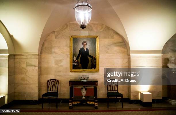 Portrait of former first lady Hillary Clinton, hangs on the wall on the first floor of the White House, before President Donald Trump and first lady...