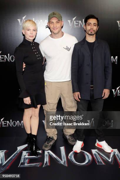 Actors Michelle Williams, Tom Hardy and Riz Ahmed attend the CinemaCon 2018 Gala Opening Night Event: Sony Pictures Highlights its 2018 Summer and...