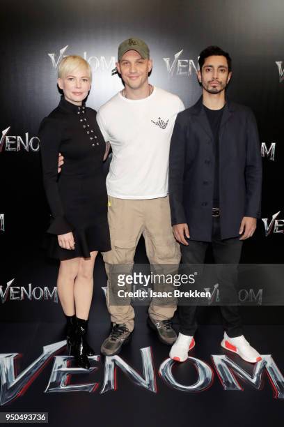 Actors Michelle Williams, Tom Hardy and Riz Ahmed attend the CinemaCon 2018 Gala Opening Night Event: Sony Pictures Highlights its 2018 Summer and...