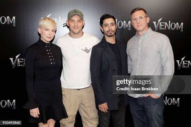 Actors Michelle Williams, Tom Hardy, Riz Ahmed and director Ruben Fleischer attend the CinemaCon 2018 Gala Opening Night Event: Sony Pictures...