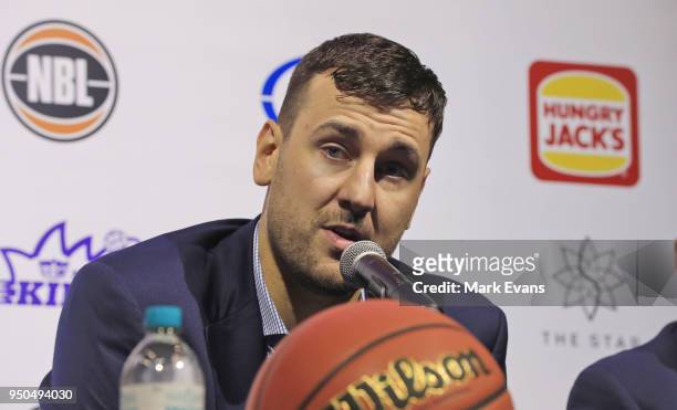 Andrew Bogut speaks during a media conference as he is unveiled as a Sydney Kings player at Qudos Bank Arena on April 24, 2018 in Sydney, Australia.