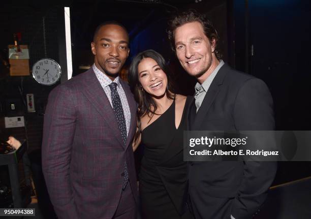 Actors Anthony Mackie, Gina Rodriguez and Matthew McConaughey attend the CinemaCon 2018 Gala Opening Night Event: Sony Pictures Highlights its 2018...