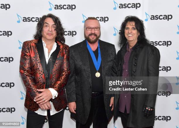 Paul Stanley, Desmond Child and Alice Cooper attend the 35th Annual ASCAP Pop Music Awards at The Beverly Hilton Hotel on April 23, 2018 in Beverly...
