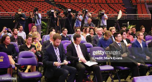 Large media contingent as Andrew Bogut speaks during a media conference as he is unveiled as a Sydney Kings player at Qudos Bank Arena on April 24,...