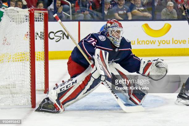 Sergei Bobrovsky of the Columbus Blue Jackets prepares to make a save in Game Four of the Eastern Conference First Round during the 2018 NHL Stanley...