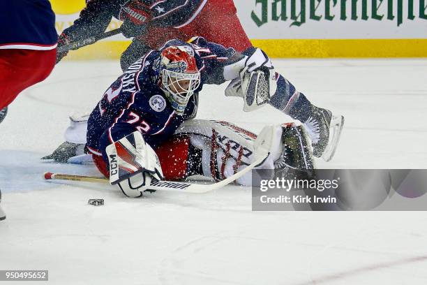 Sergei Bobrovsky of the Columbus Blue Jackets makes a save in Game Four of the Eastern Conference First Round during the 2018 NHL Stanley Cup...