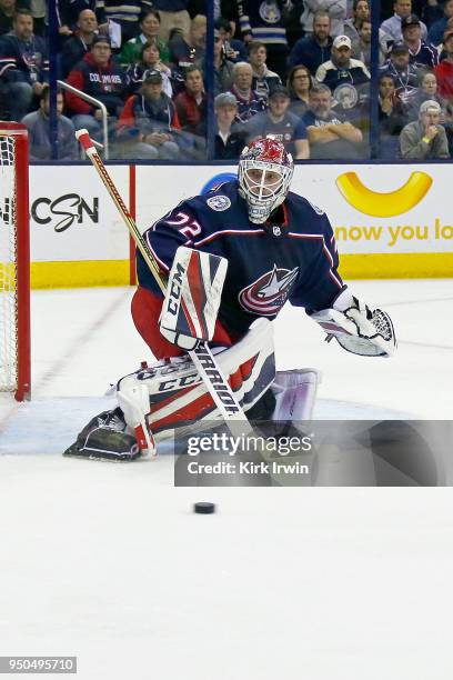 Sergei Bobrovsky of the Columbus Blue Jackets makes a save in Game Four of the Eastern Conference First Round during the 2018 NHL Stanley Cup...