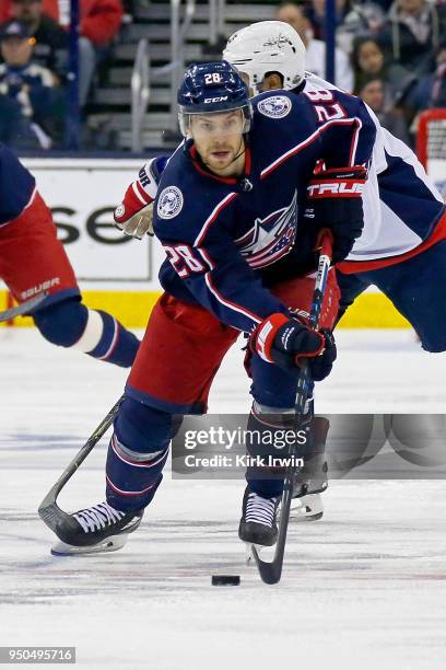 Oliver Bjorkstrand of the Columbus Blue Jackets controls the puck in Game Four of the Eastern Conference First Round during the 2018 NHL Stanley Cup...