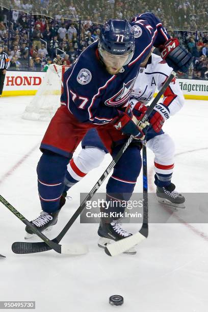 Josh Anderson of the Columbus Blue Jackets controls the puck in Game Four of the Eastern Conference First Round during the 2018 NHL Stanley Cup...