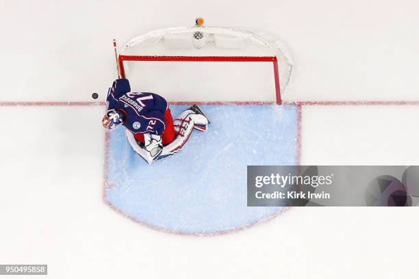 Sergei Bobrovsky of the Columbus Blue Jackets makes a save in Game Four of the Eastern Conference First Round during the 2018 NHL Stanley Cup...