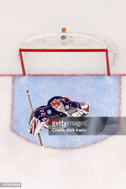 Sergei Bobrovsky of the Columbus Blue Jackets makes a save in Game Four of the Eastern Conference First Round during the 2018 NHL Stanley Cup...