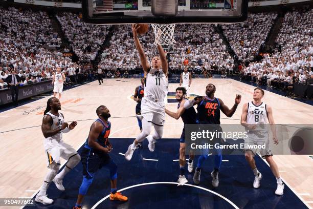 Dante Exum of the Utah Jazz goes to the basket against the Oklahoma City Thunder in Game Four of Round One of the 2018 NBA Playoffs on April 23, 2018...