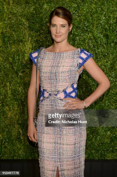 Cobie Smulders wears a multicolored fantasy tweed dress, Look 8, from the Spring-Summer 2018 Act 2 Ready-to-Wear Collection with CHANEL Fine Jewelry:...