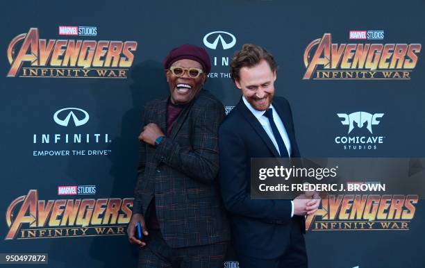 Actors Samuel L. Jackson and Tom Hiddleston arrive for the World Premiere of the film 'Avengers: Infinity War' in Hollywood, California on April 23,...