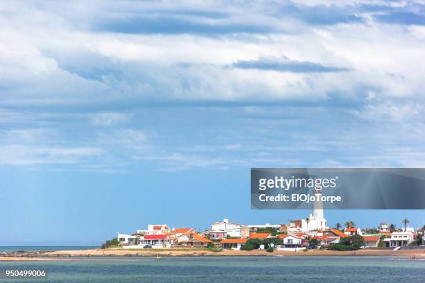 view of bahía chica beach and la paloma lightouse, la paloma city, uruguay - bahía stock pictures, royalty-free photos & images