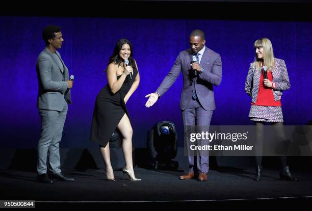 Actors Ismael Cruz Cordova, Gina Rodriguez and Anthony Mackie and director Catherine Hardwicke speak onstage during the CinemaCon 2018 Gala Opening...