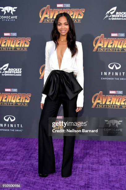 Zoe Saldana attends the premiere of Disney and Marvel's 'Avengers: Infinity War' on April 23, 2018 in Los Angeles, California.