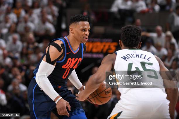 Russell Westbrook of the Oklahoma City Thunder handles the ball against the Golden State Warriors in Game Four of Round One of the 2018 NBA Playoffs...