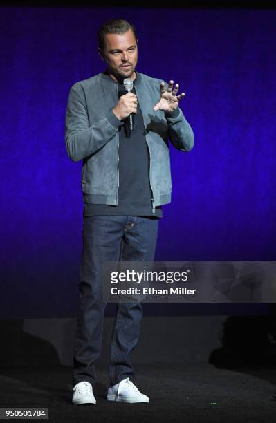 Actor Leonardo DiCaprio speaks onstage during the CinemaCon 2018 Gala Opening Night Event: Sony Pictures Highlights its 2018 Summer and Beyond Films...