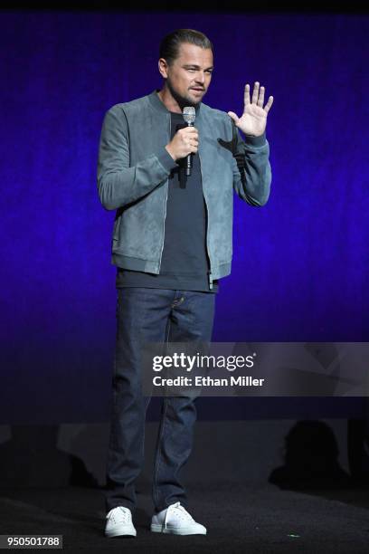 Actor Leonardo DiCaprio speaks onstage during the CinemaCon 2018 Gala Opening Night Event: Sony Pictures Highlights its 2018 Summer and Beyond Films...